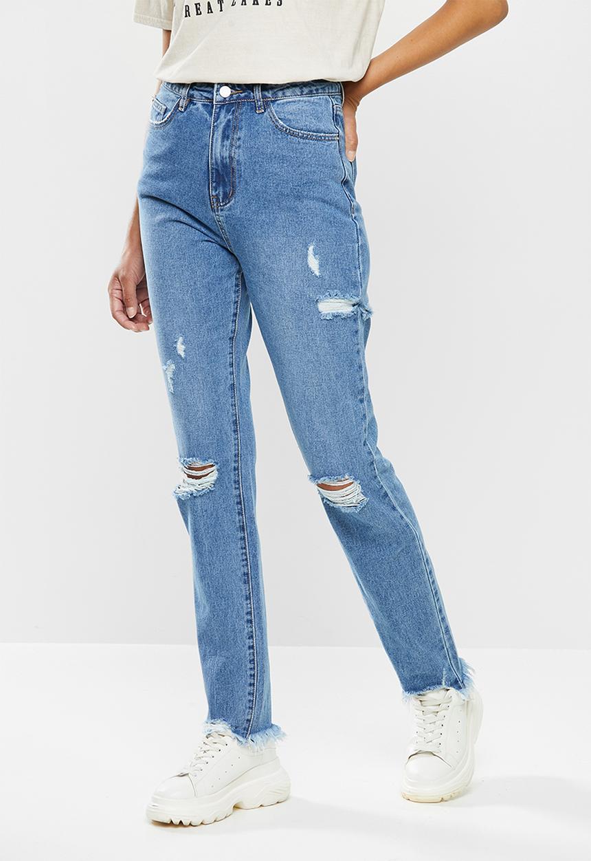Missguided - Slim striaght thigh slash jean - blue