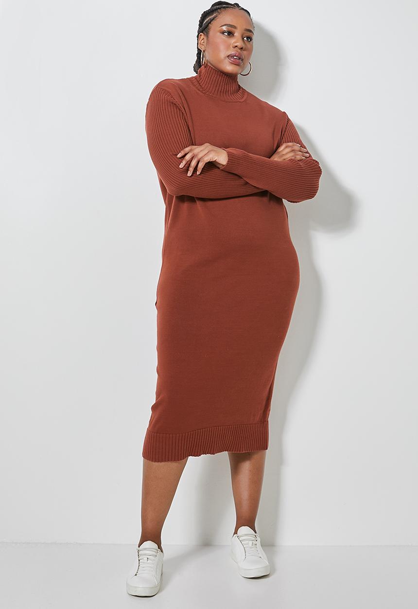 Superbalist - Plus poloneck knitwear dress - tobacco