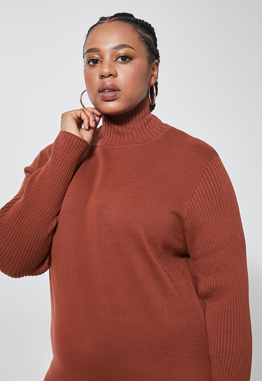 Superbalist - Plus poloneck knitwear dress - tobacco