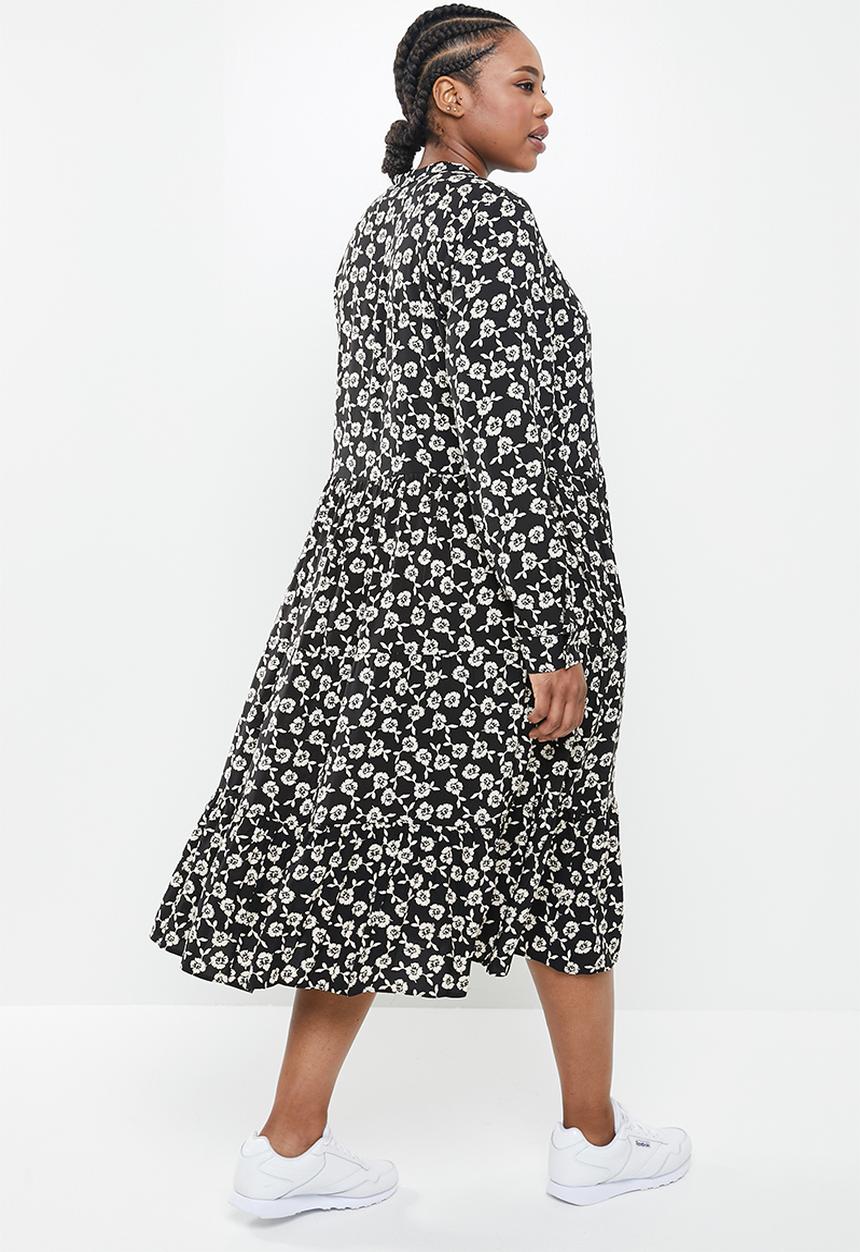Blake - Printed collared tiered midi dress - black 