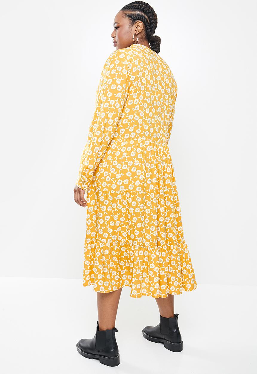 Blake - Printed collared tiered midi dress - mustard