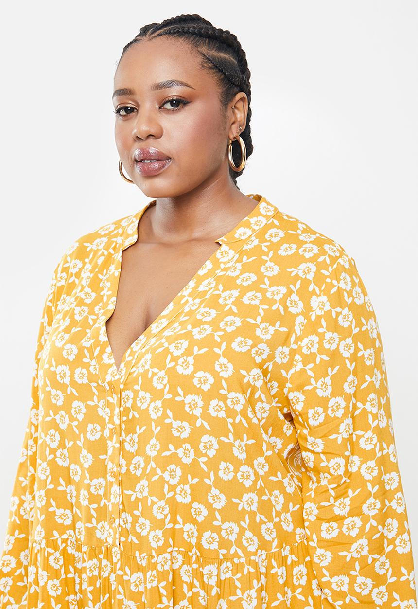 Blake - Printed collared tiered midi dress - mustard
