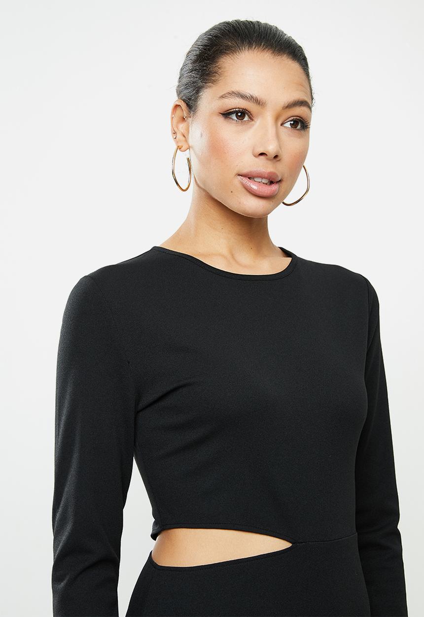 VELVET - Crew neck cut-out bodycon midi dress  - black