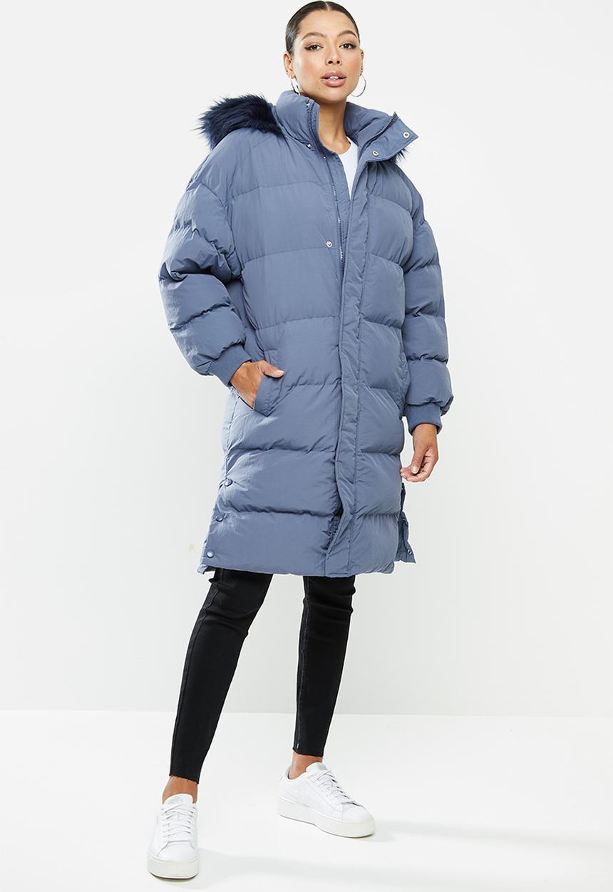 Missguided - Faux fur trim hooded longline puffer - blue