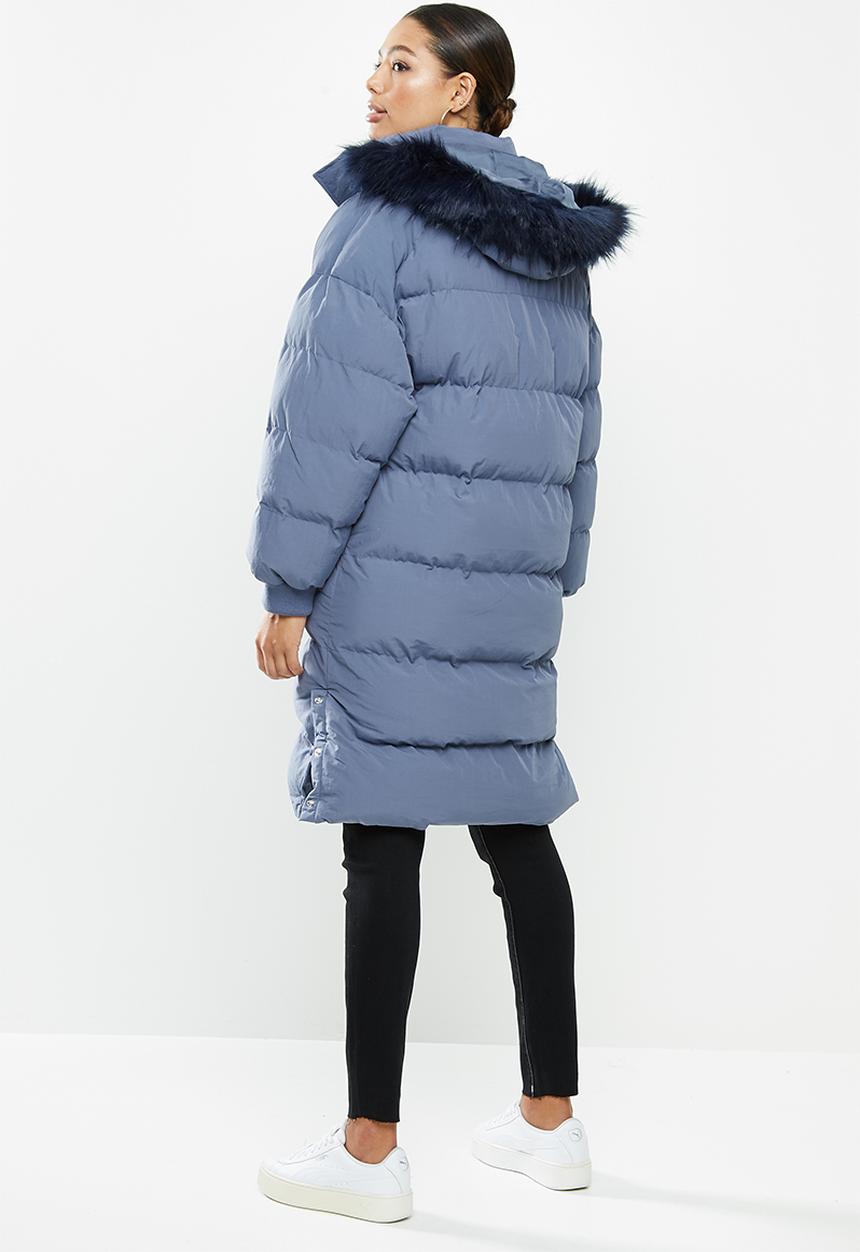 Missguided - Faux fur trim hooded longline puffer - blue