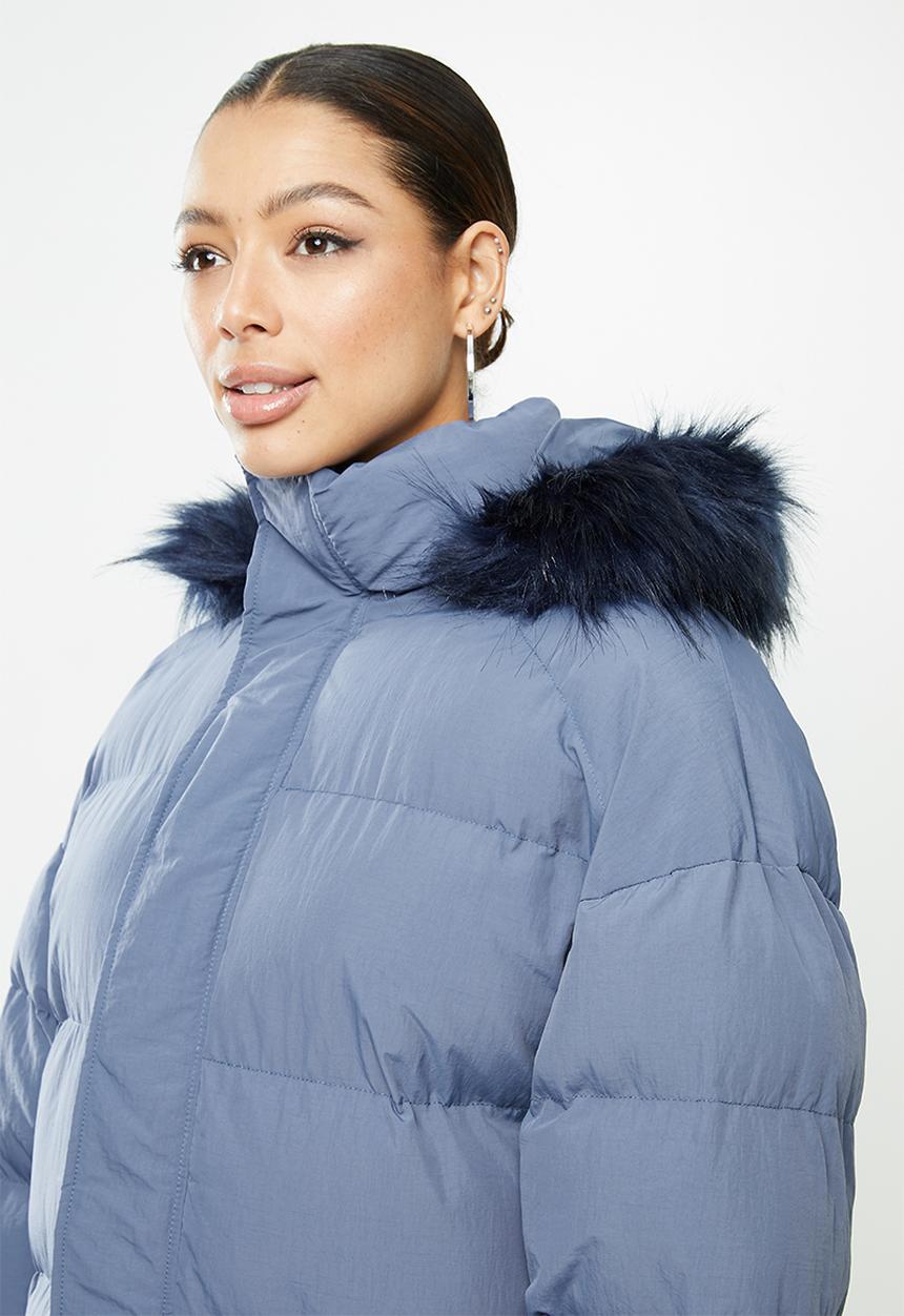 Missguided - Faux fur trim hooded longline puffer - blue