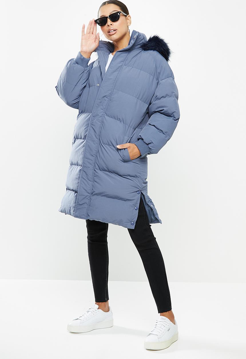 Missguided - Faux fur trim hooded longline puffer - blue