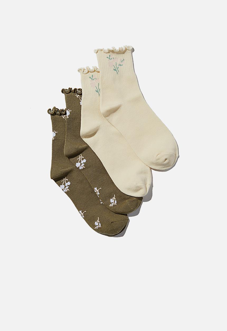 Cotton On - 2 pack frill hem sock - oregano & buttermilk