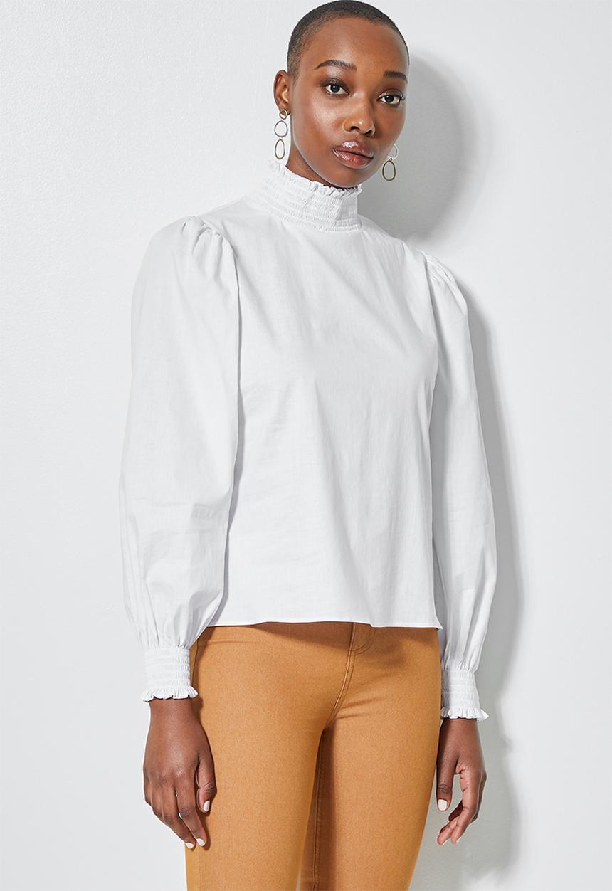 Superbalist - Hi neck shirred blouse - white