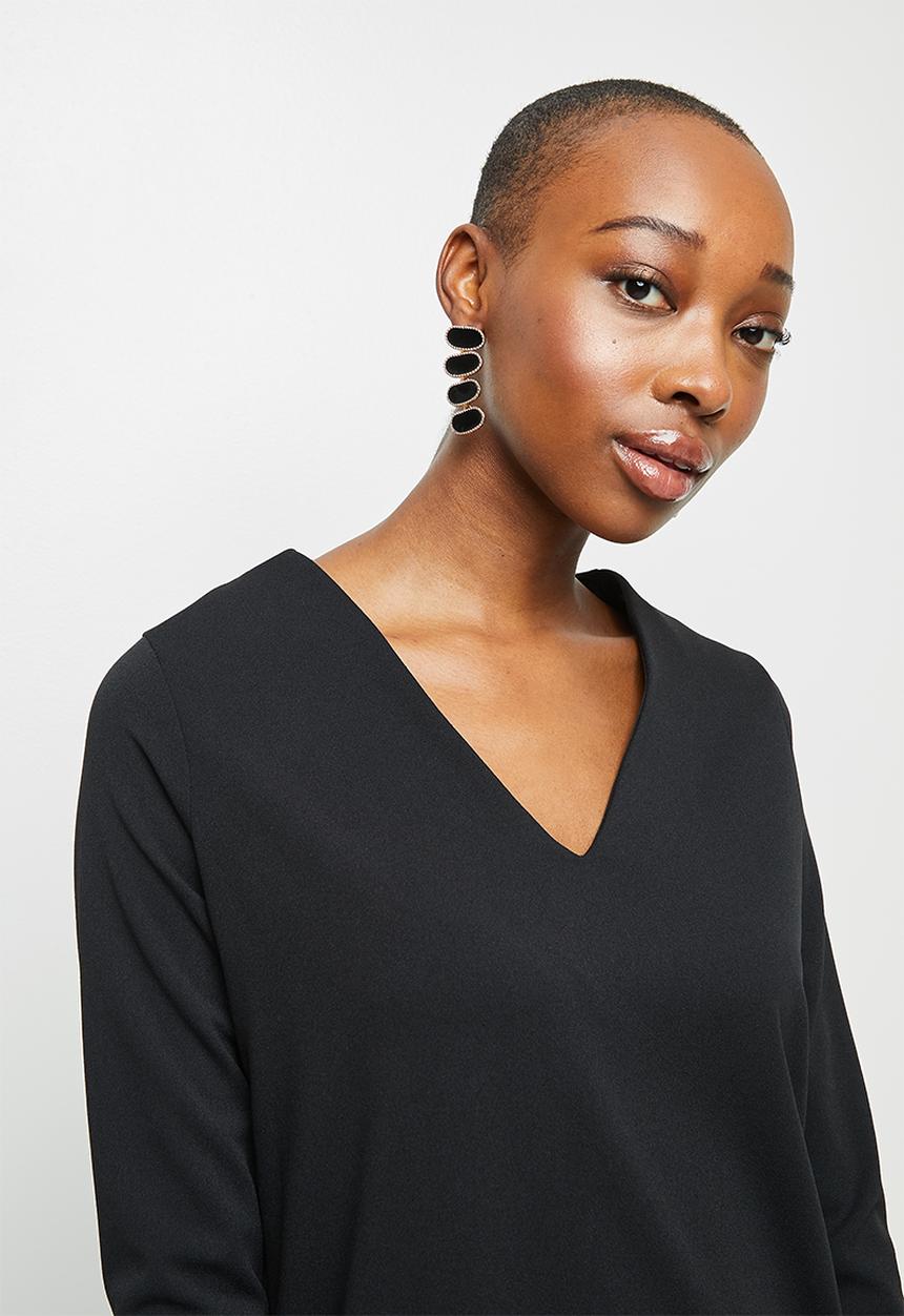 edit - Crepe long sleeve v-neck tunic - black