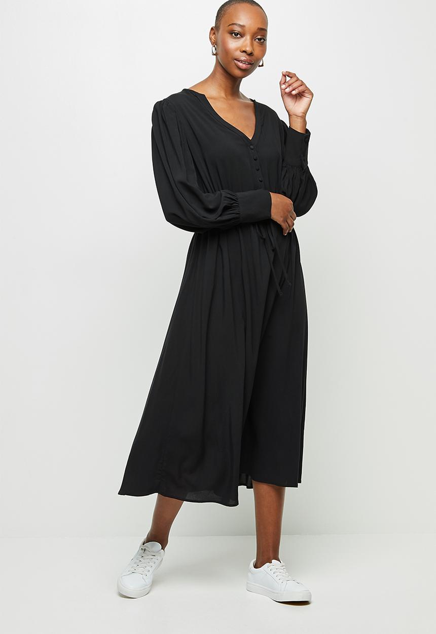 edit - Mandarin collar drawcord a-line midi - black