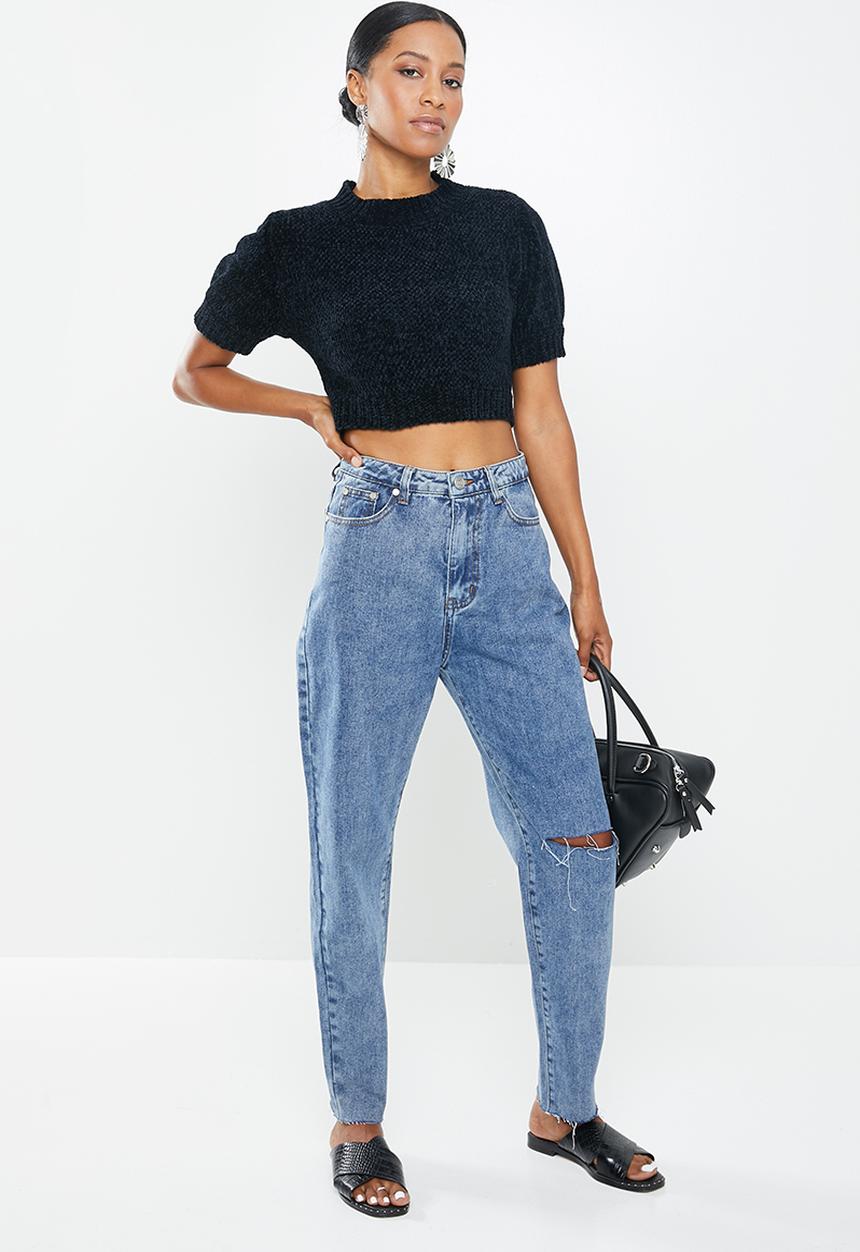Missguided - Petite washed single thigh rip riot jeans - blue
