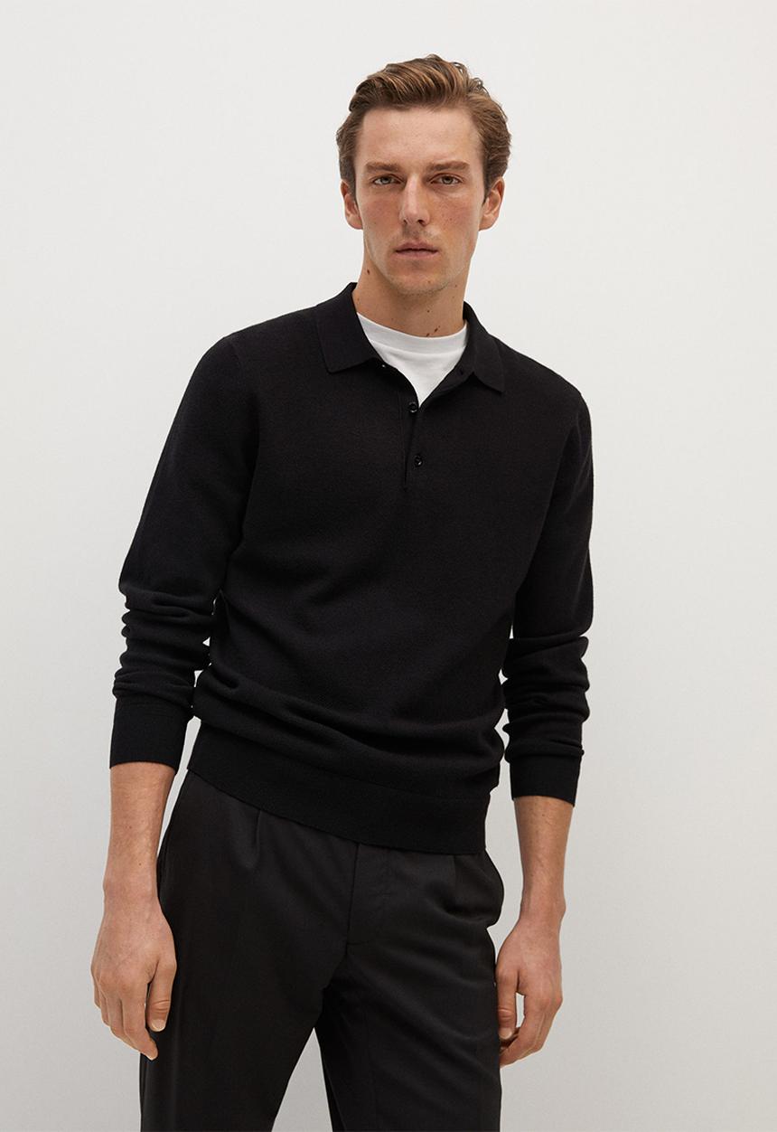 MANGO - Knitted woolen polo shirt- black