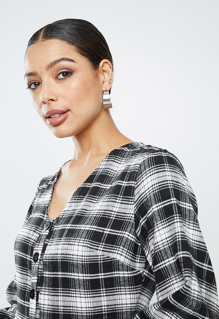 Missguided - Button thru plunge smock dress check - black & white 