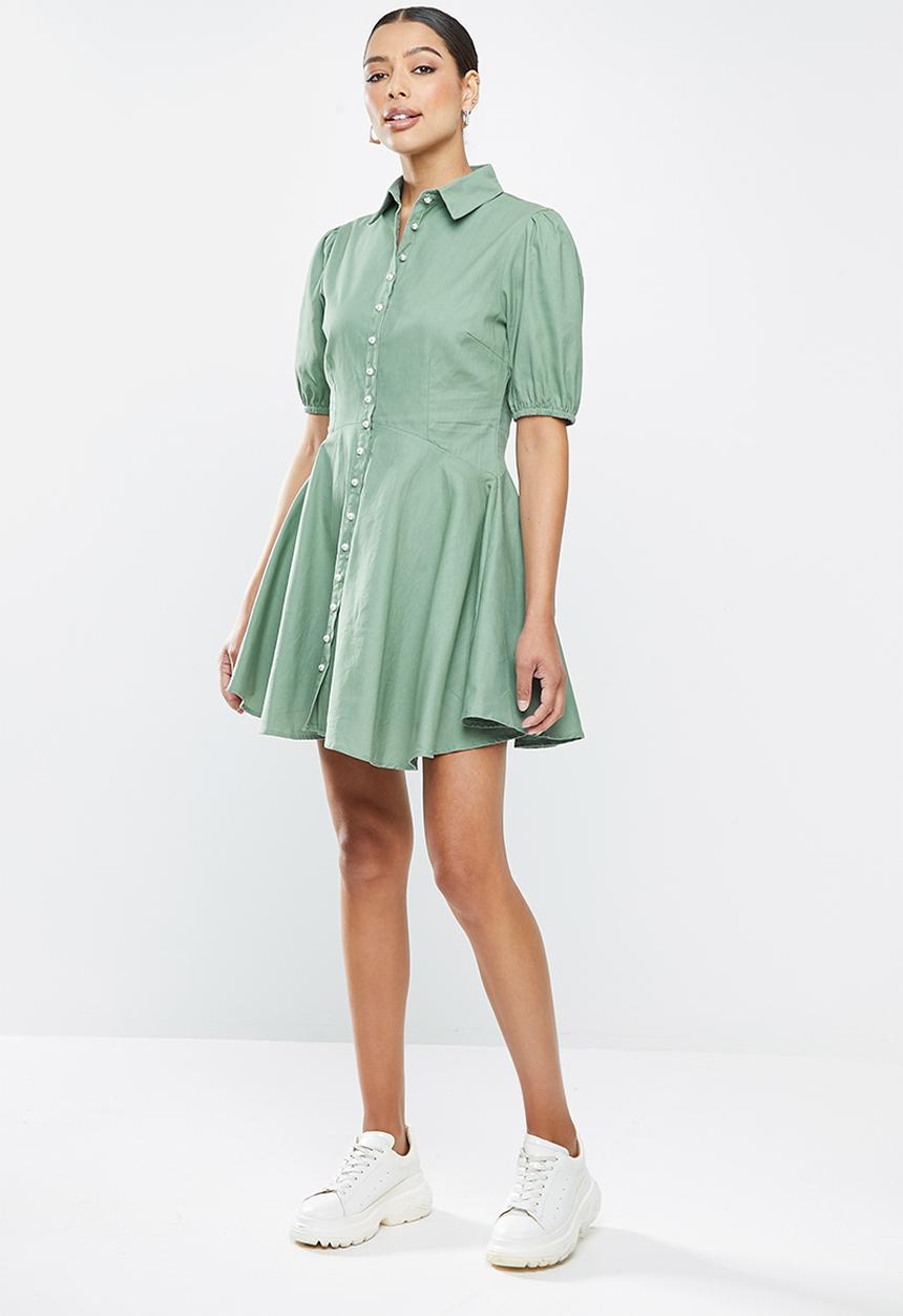 Missguided - Cotton pearl skater shirt dress short sleeve - sage