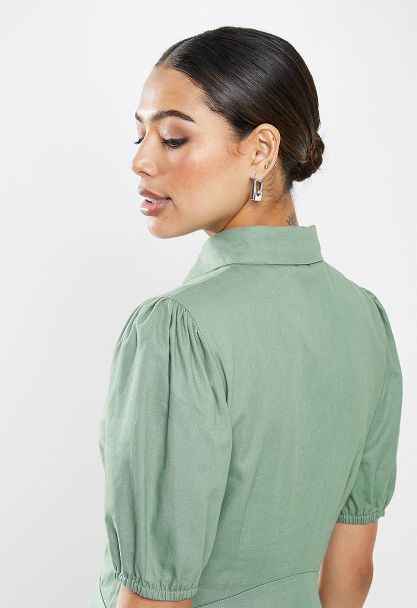 Missguided - Cotton pearl skater shirt dress short sleeve - sage