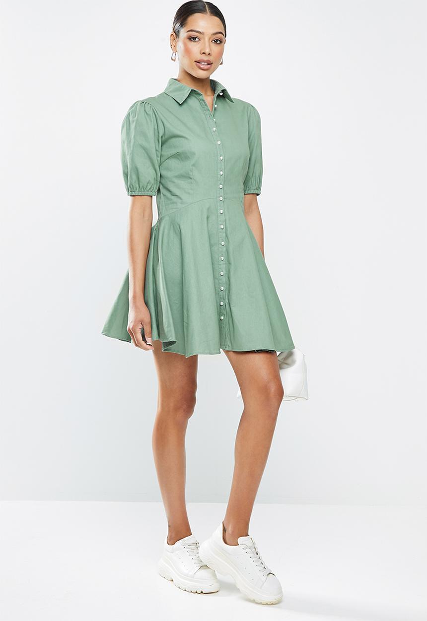 Missguided - Cotton pearl skater shirt dress short sleeve - sage