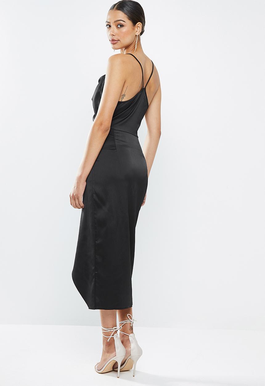 Missguided - Asymmetric strap drape satin midi dress - black