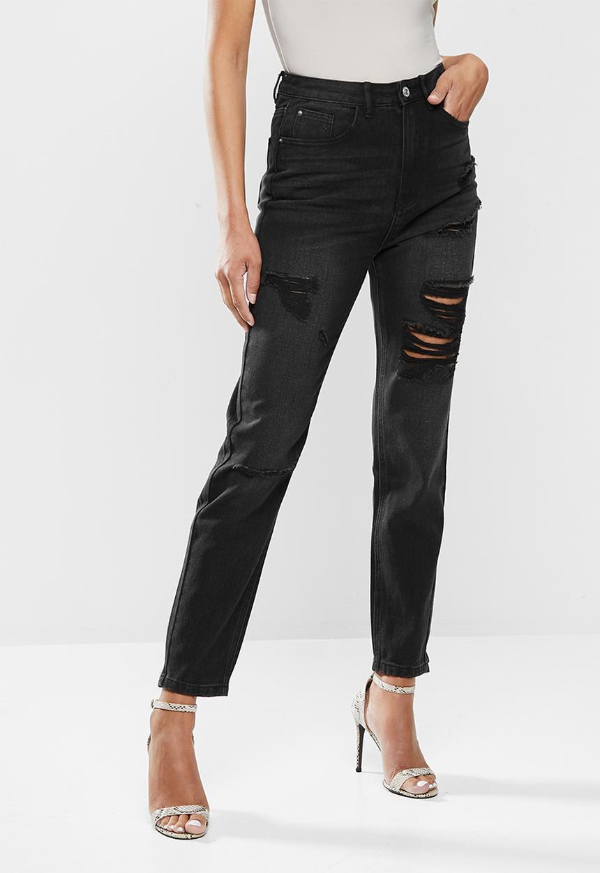 Missguided - Distress thigh mom jean - black