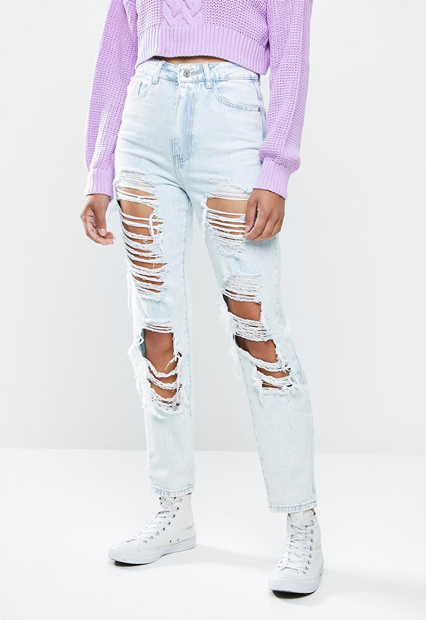 Missguided - Riot light vintage distress mom jeans - light blue