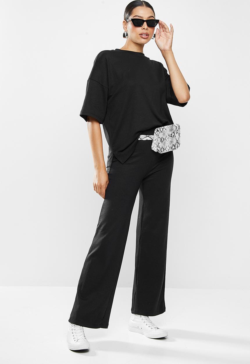 Missguided - Co ord ribbed tee and wide leg set - black