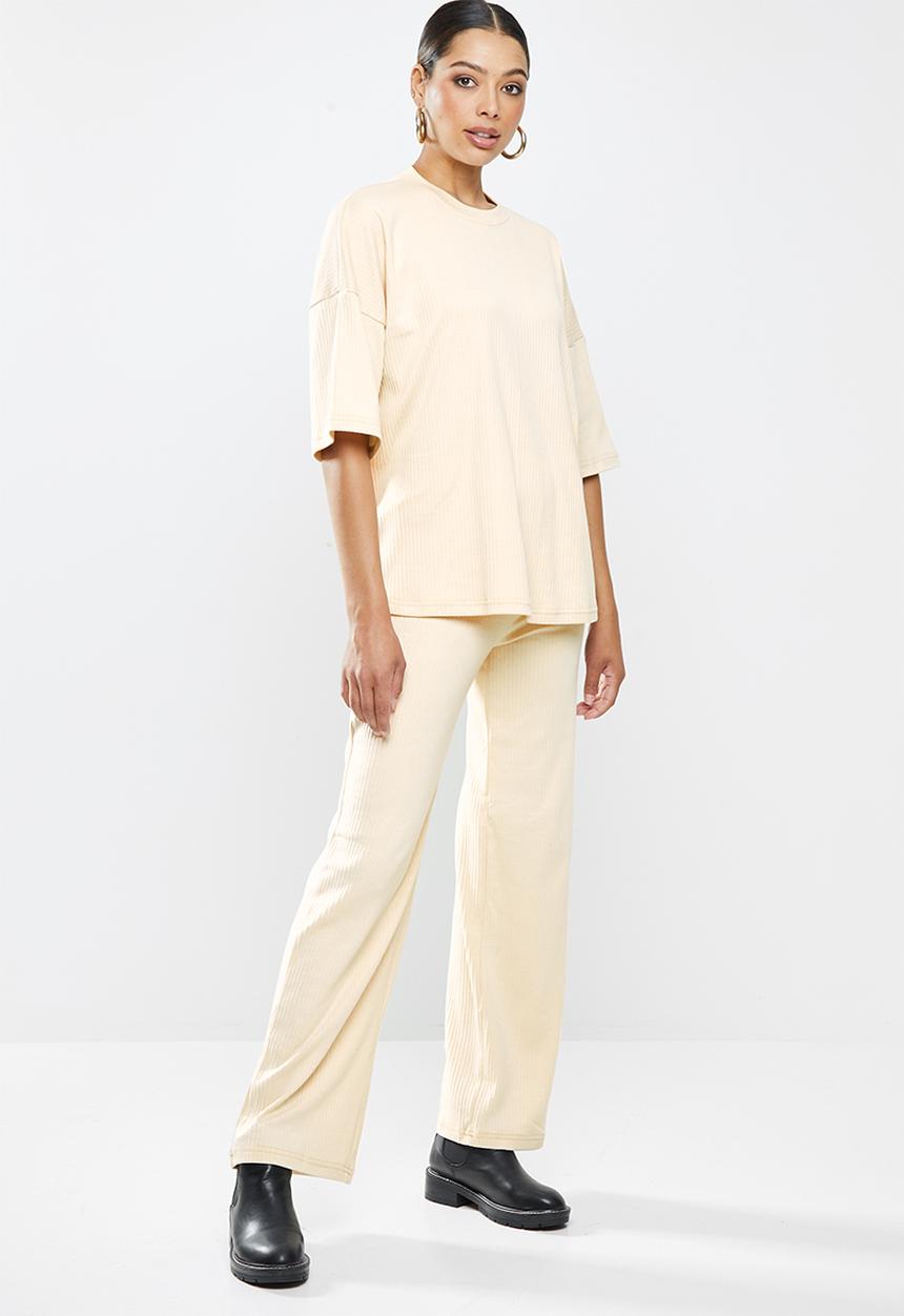 Missguided - Rib T-shirt wide leg co ord set - stone