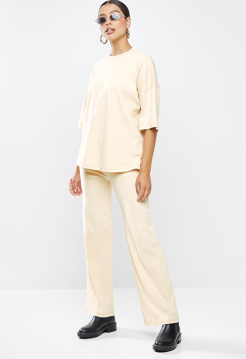 Missguided - Rib T-shirt wide leg co ord set - stone