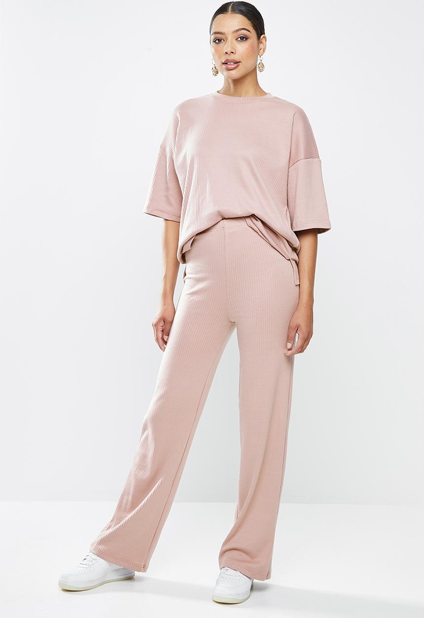 Missguided - Rib T-shirt wide leg co ord set - mauve