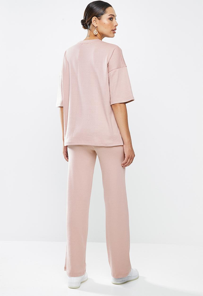Missguided - Rib T-shirt wide leg co ord set - mauve
