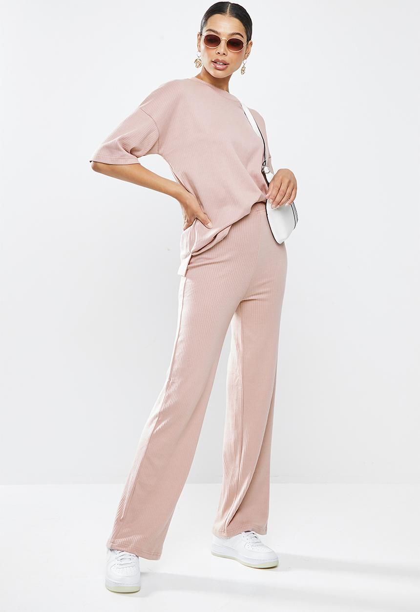 Missguided - Rib T-shirt wide leg co ord set - mauve