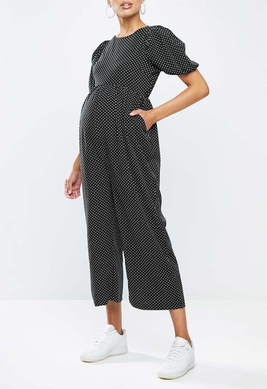 Missguided - Maternity polka puff sleeve culotte jumpsuit - black & white