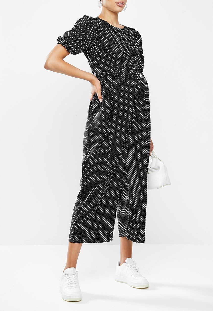 Missguided - Maternity polka puff sleeve culotte jumpsuit - black & white