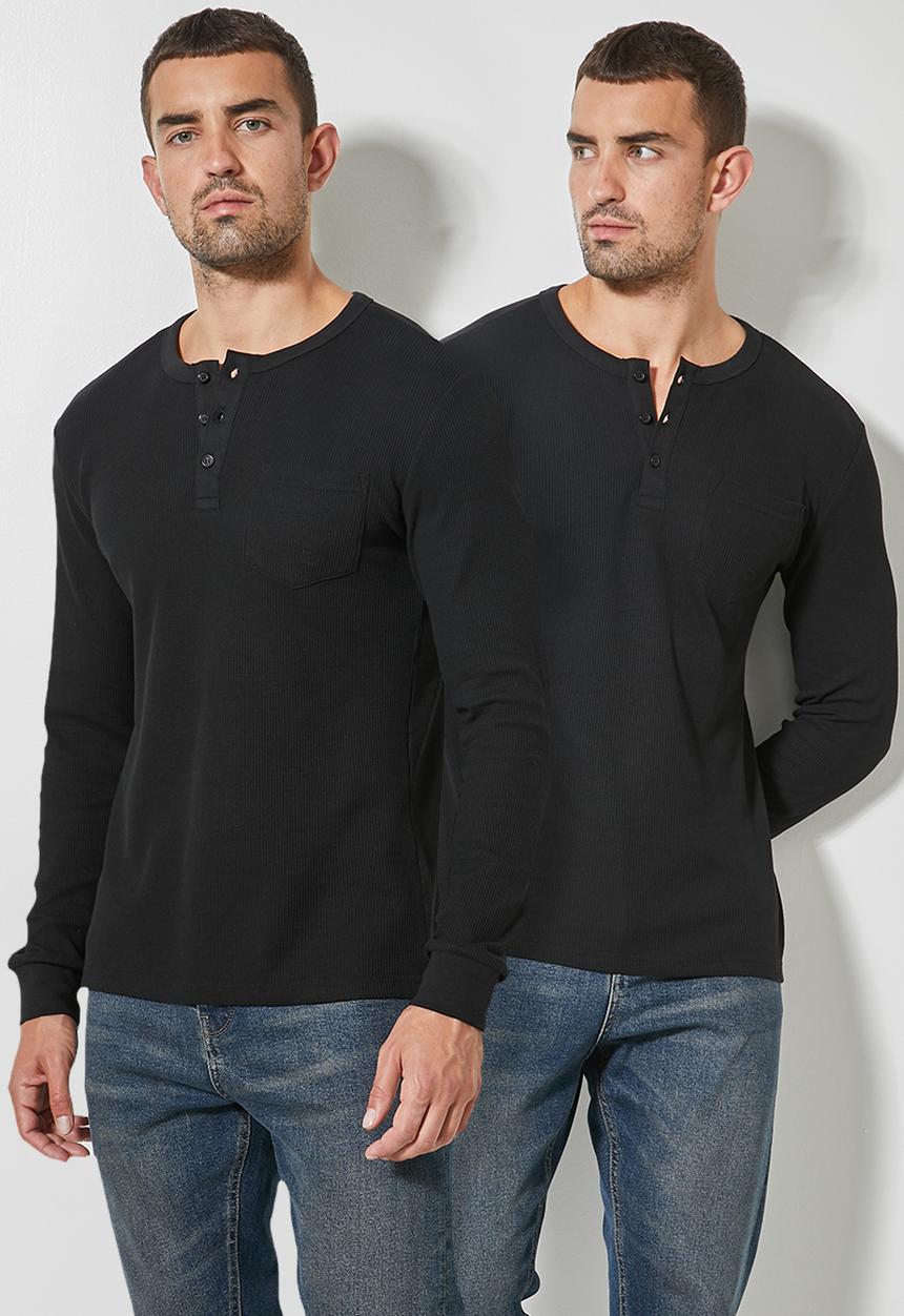 Superbalist - 2 Pack texas long sleeve textured henley tee - black