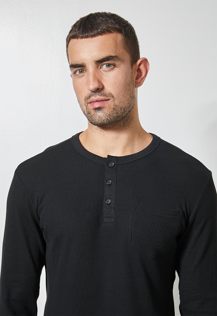 Superbalist - 2 Pack texas long sleeve textured henley tee - black