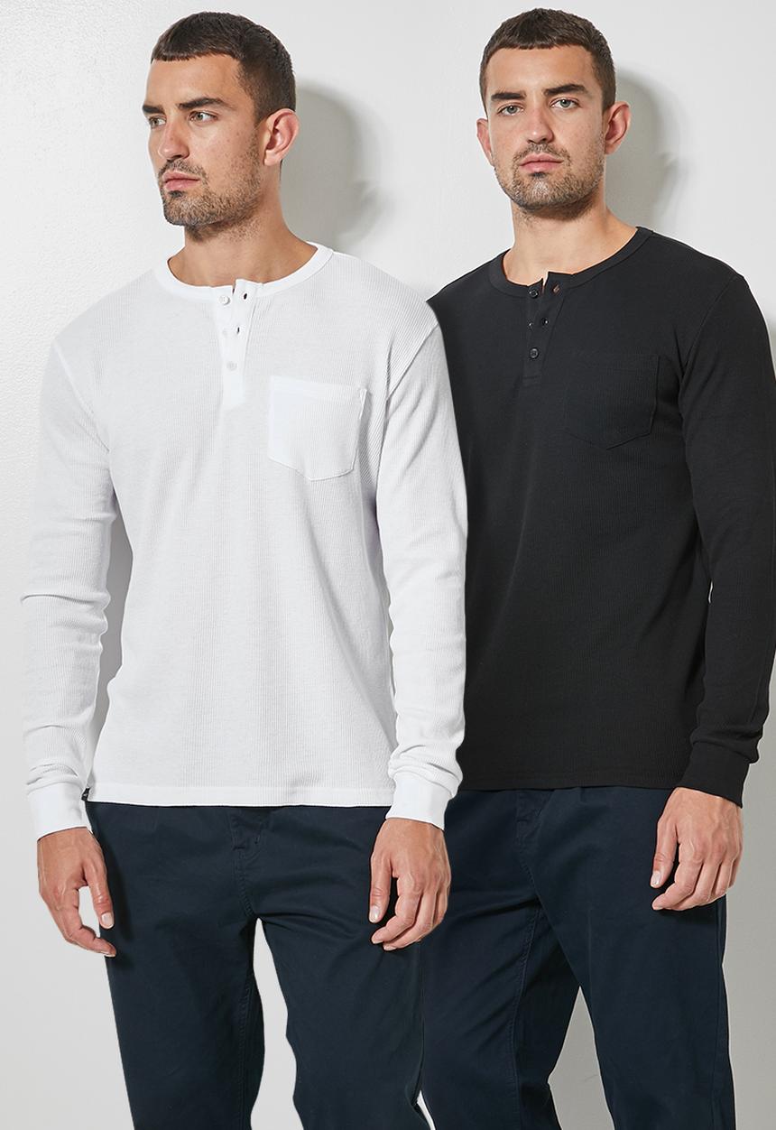 Superbalist - 2 Pack texas long sleeve textured henley tee - white & black