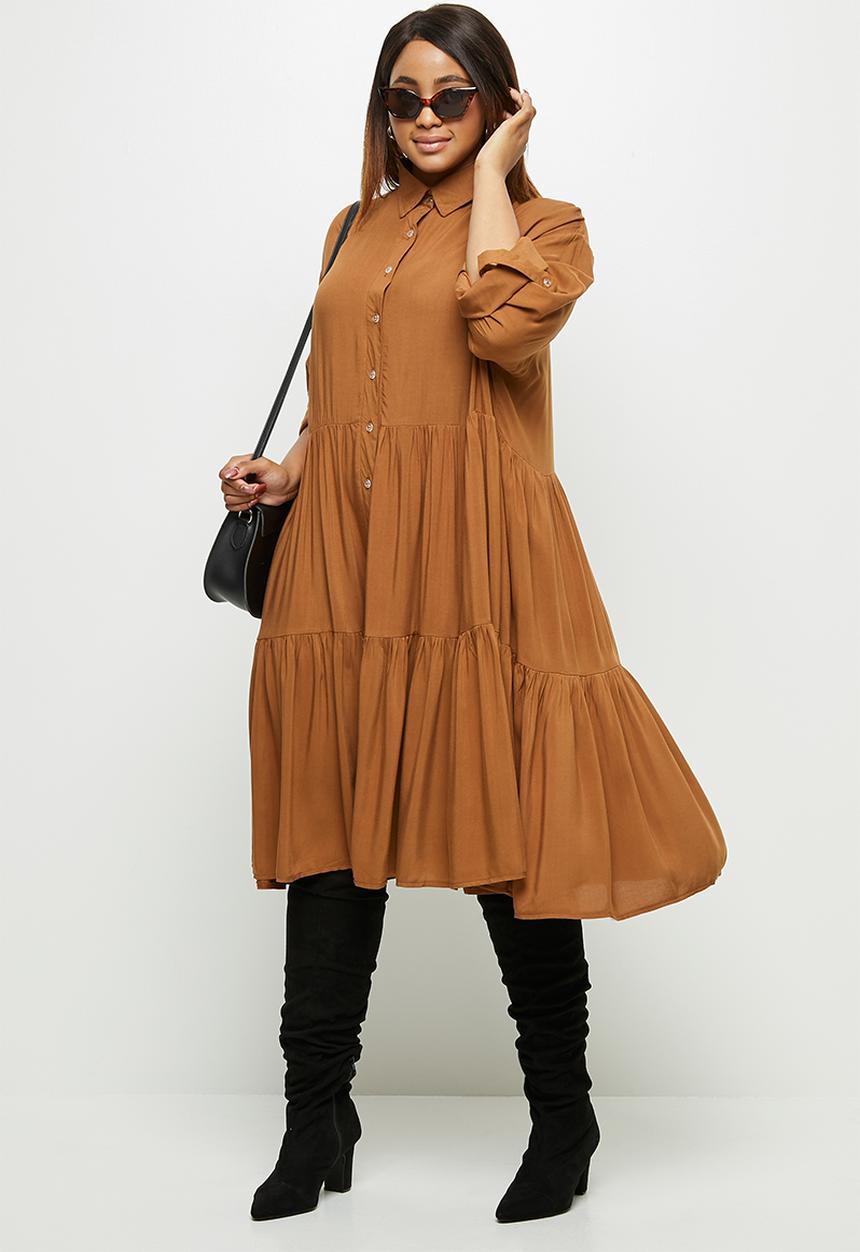 edit Plus - Tiered shirt dress - tan