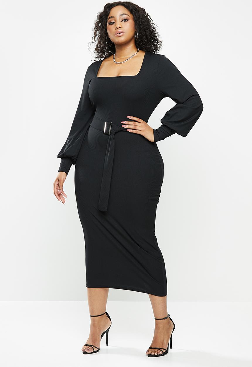 Missguided - Plus rib square neck self belt midaxi dress- black