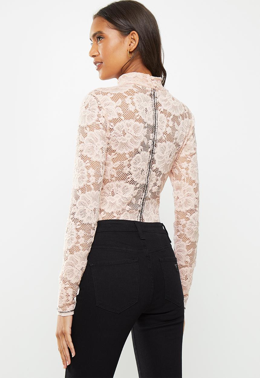 GUESS - Long sleeve remi rescripted lace top - neutral 