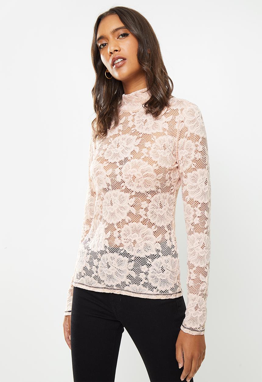 GUESS - Long sleeve remi rescripted lace top - neutral 