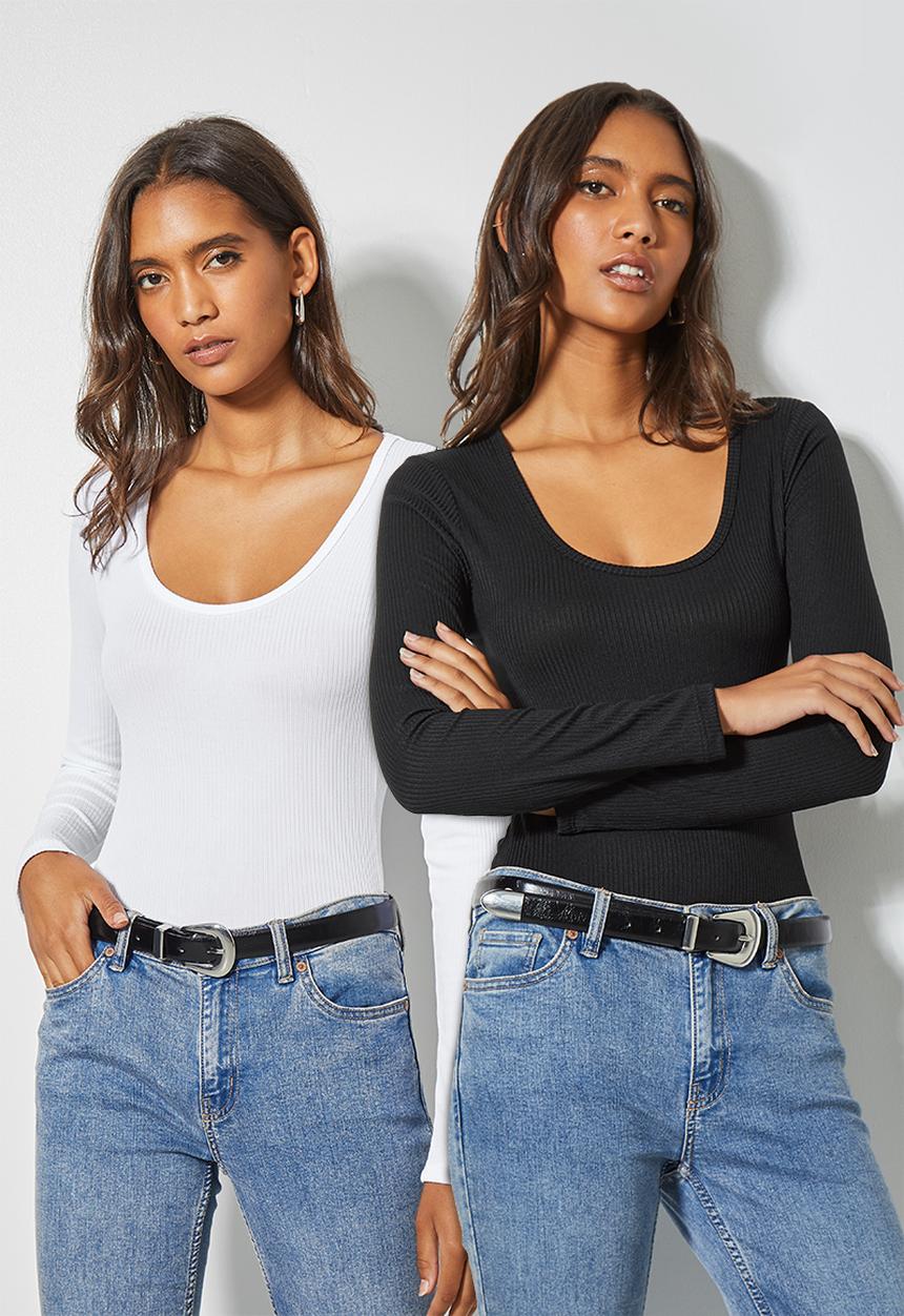 Superbalist - 2-pack fine rib low scoop bodysuit - black & white