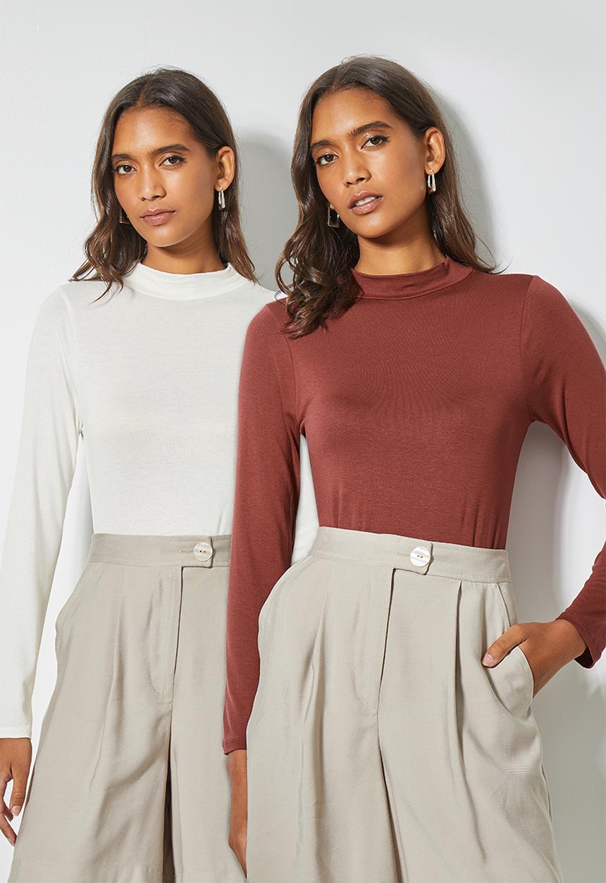 Superbalist - 2-pack viscose funnel neck bodysuit - burgundy & white