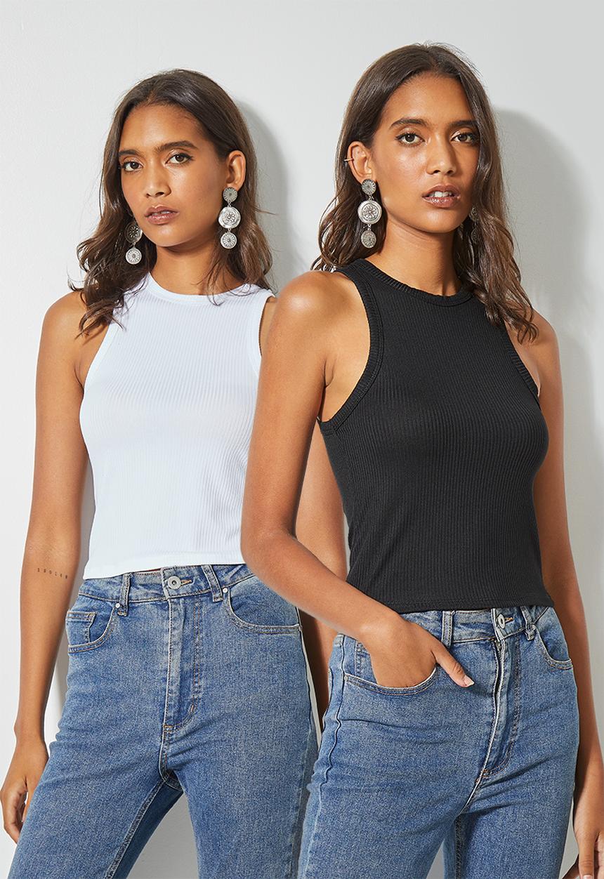 Superbalist - 2-pack fine rib racerback vest - black & white