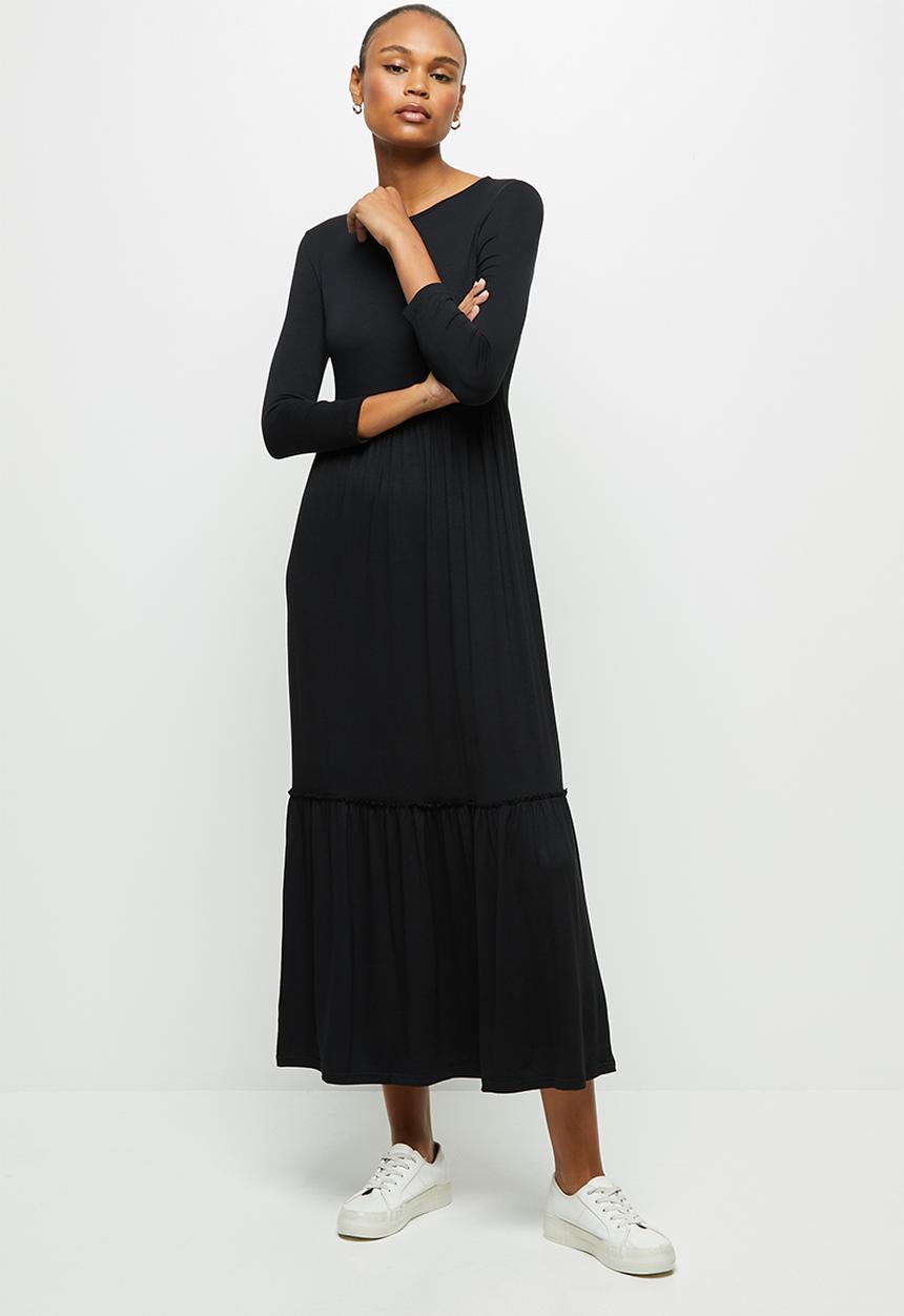edit - Round neck tiered frill midi - black