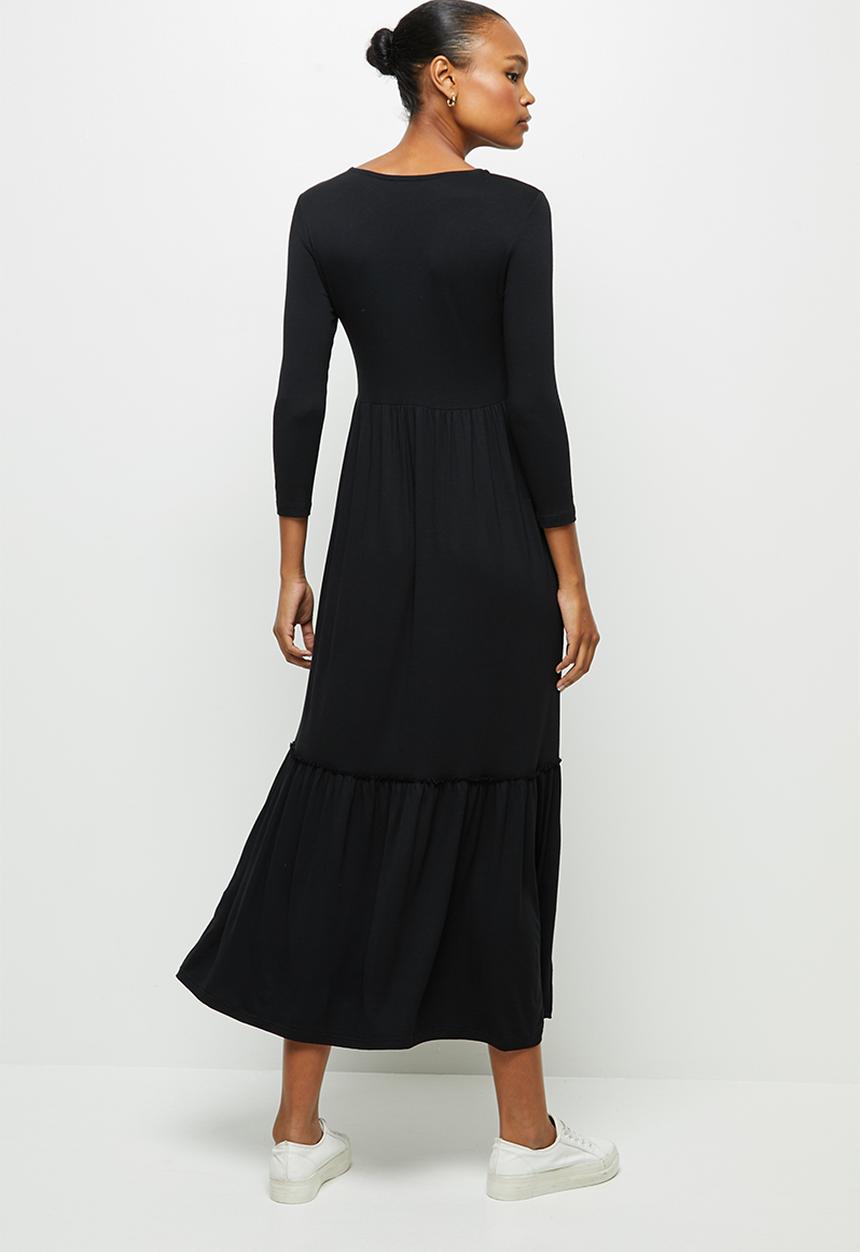 edit - Round neck tiered frill midi - black