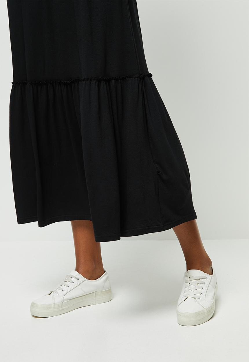 edit - Round neck tiered frill midi - black