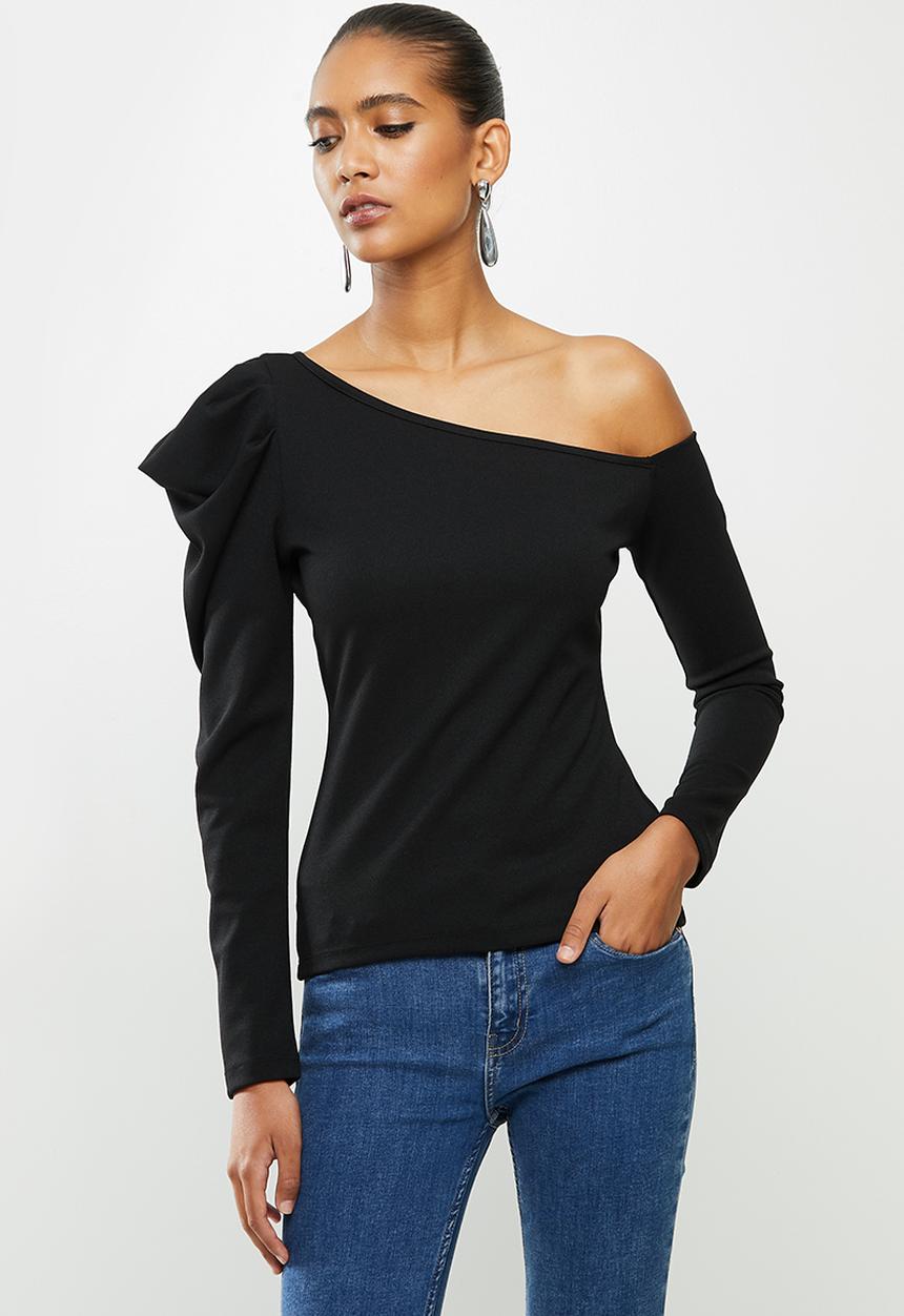 VELVET - Asymmetric carrot sleeve crepe knit top - black