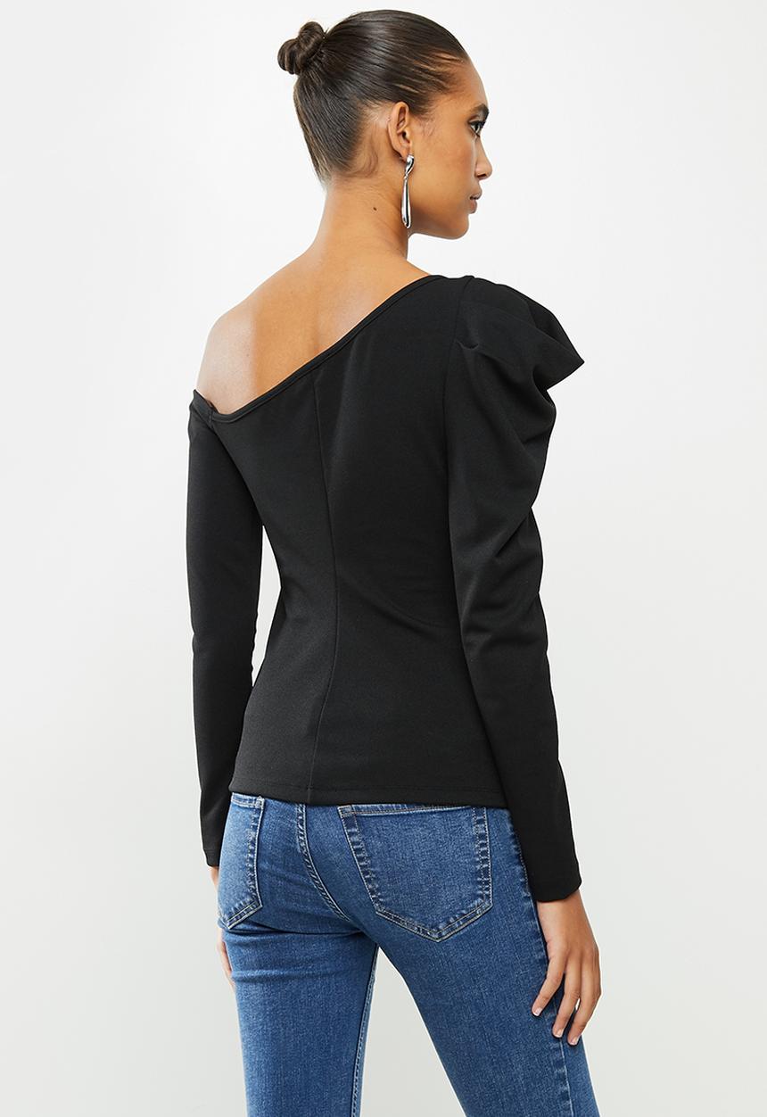 VELVET - Asymmetric carrot sleeve crepe knit top - black