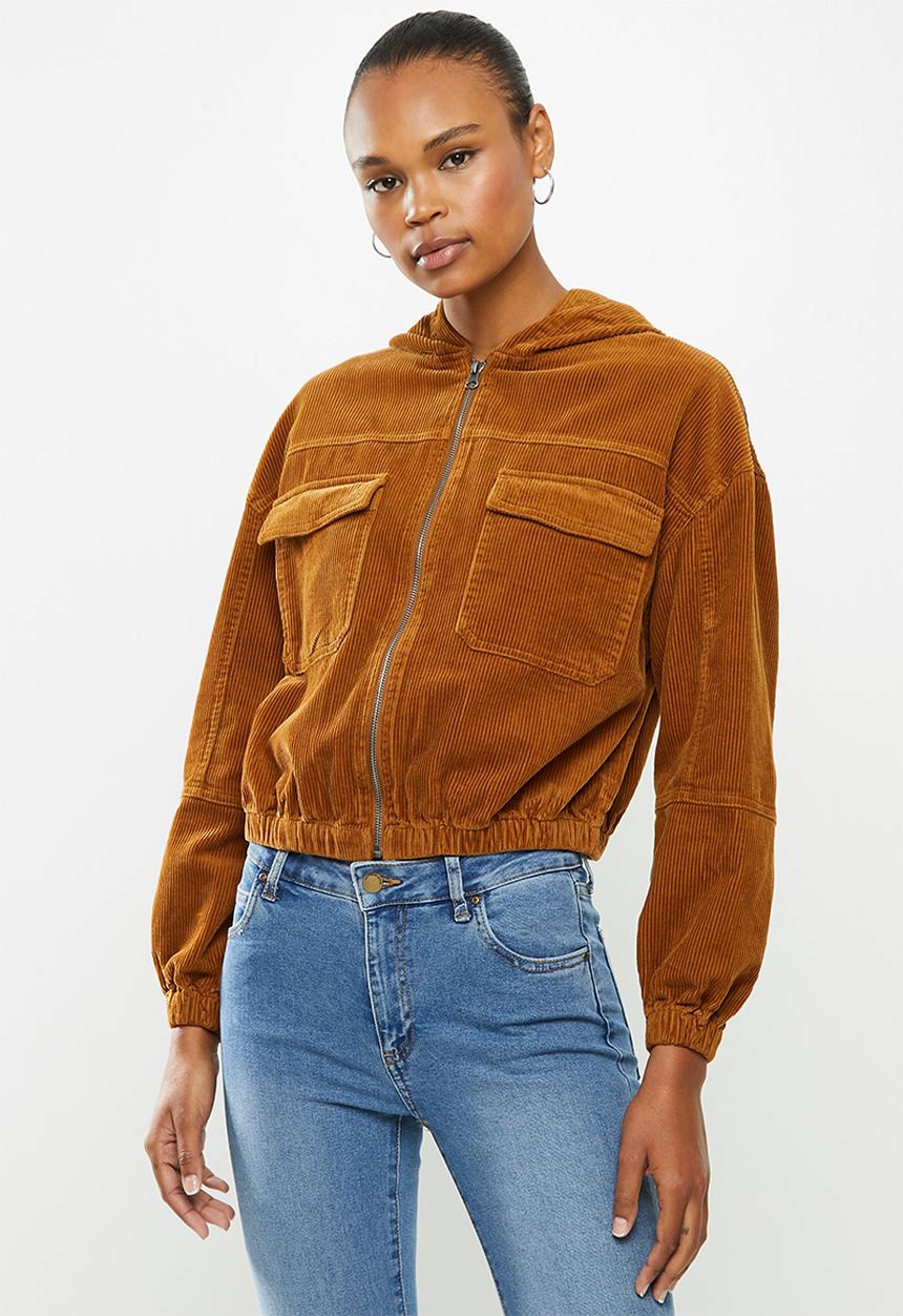 Cotton On - Cropped cord hoodie jacket - syrup brown