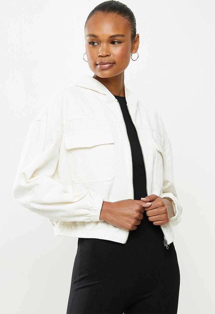 Cotton On - Cropped cord hoodie jacket - white