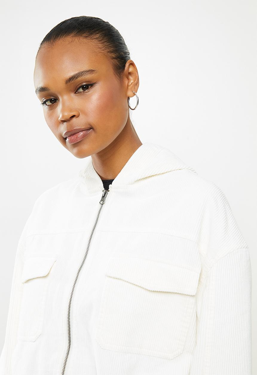 Cotton On - Cropped cord hoodie jacket - white